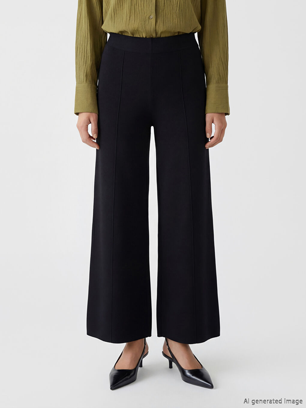 Siyah Beli Lastikli Geniş Kesim Kadın Triko Pantolon-1