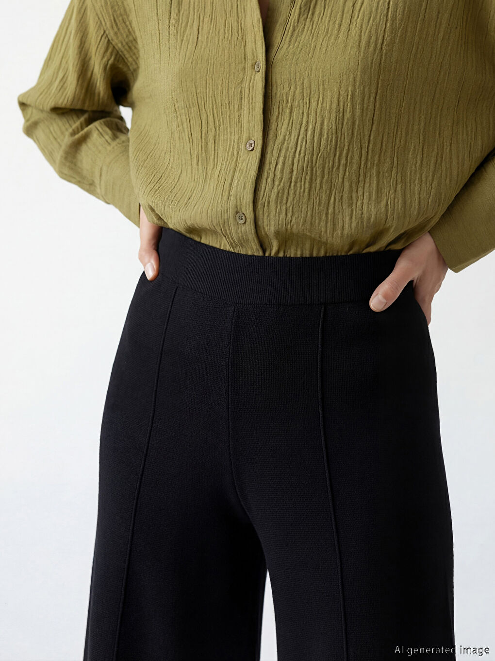 Siyah Beli Lastikli Geniş Kesim Kadın Triko Pantolon-2