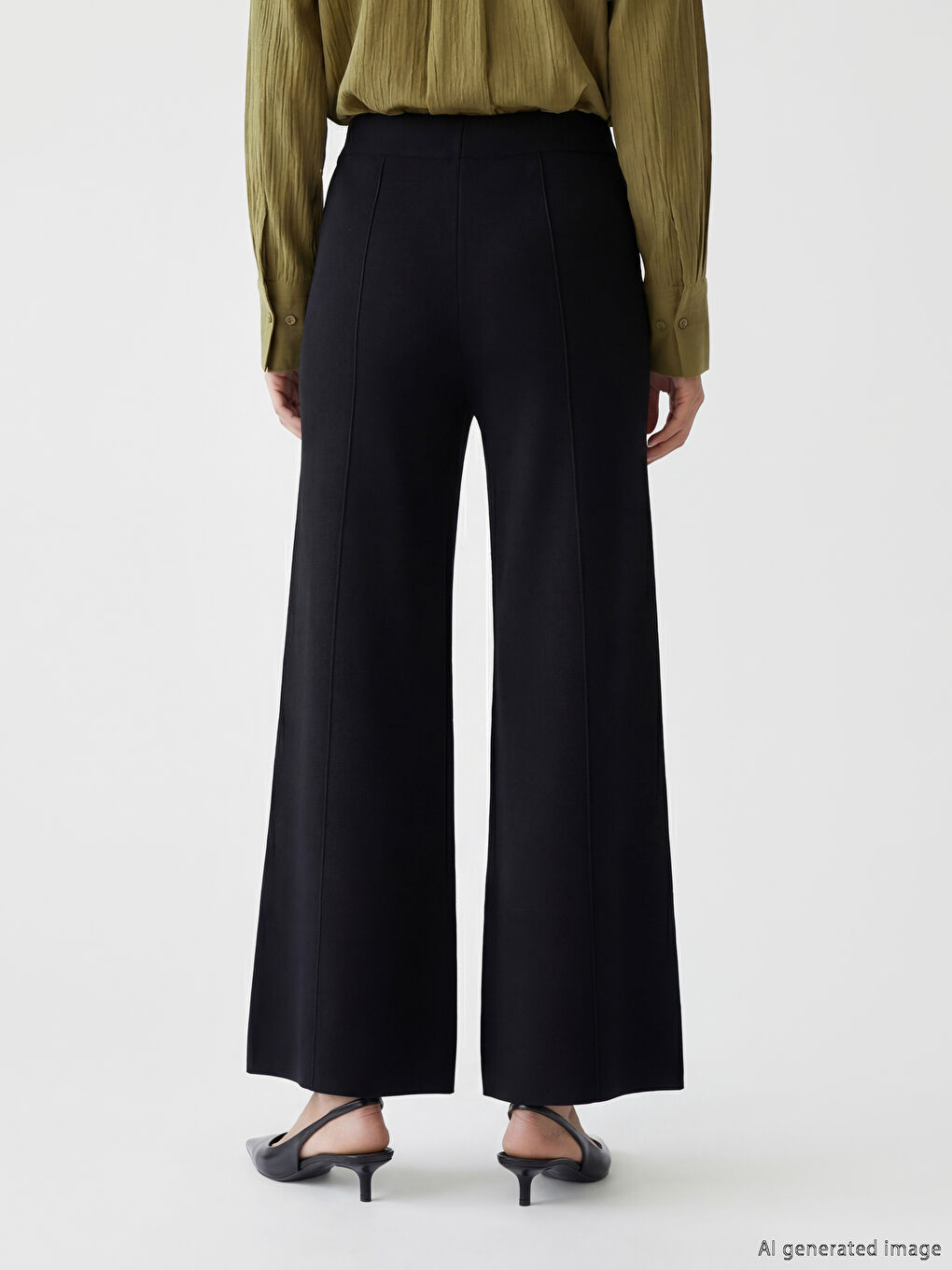 Siyah Beli Lastikli Geniş Kesim Kadın Triko Pantolon-3