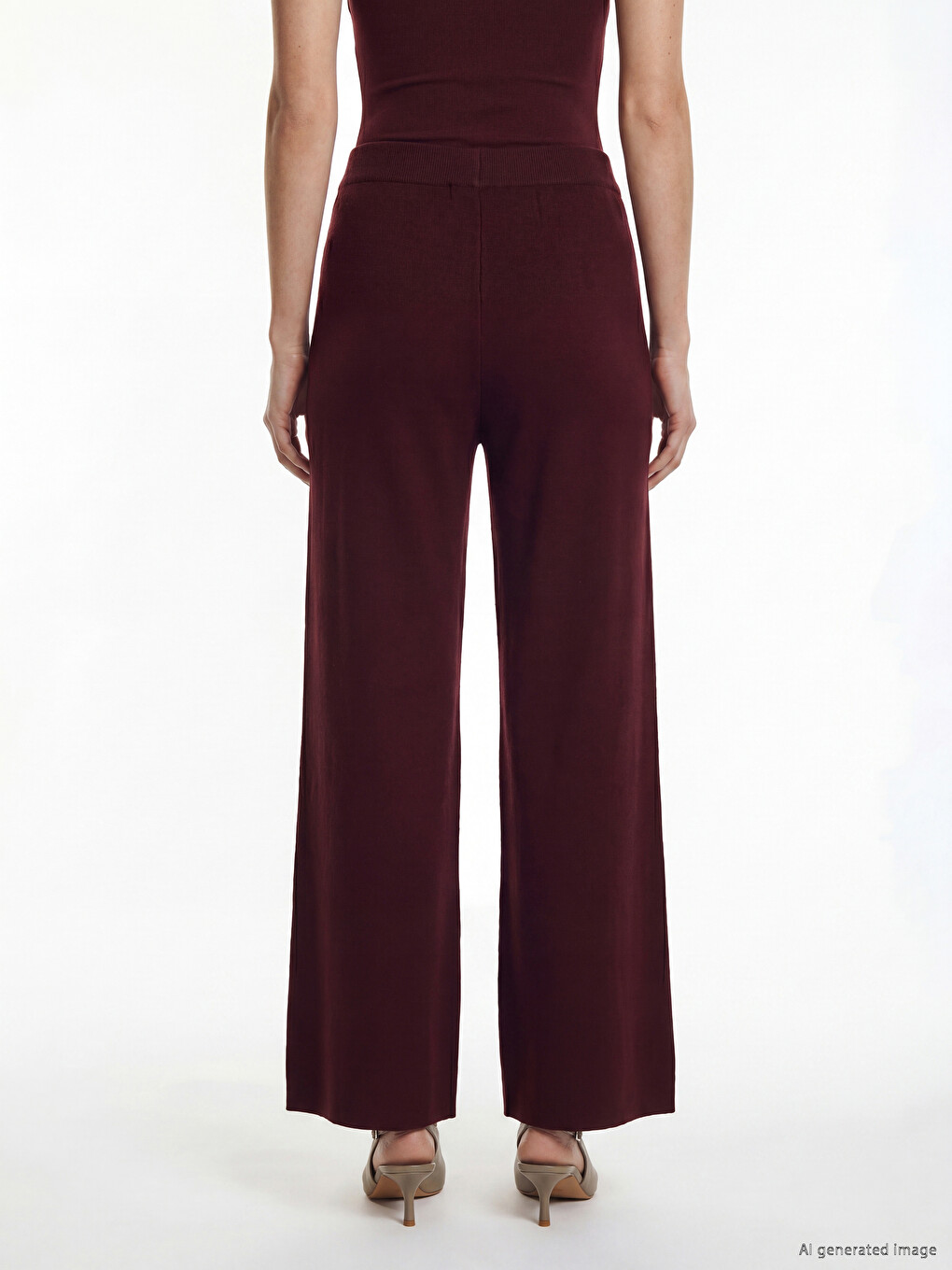 Bordo Beli Lastikli Kadın Triko Pantolon-3