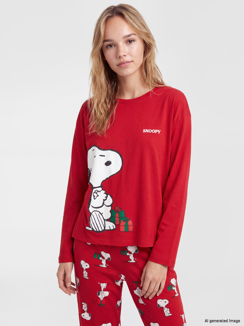 Kırmızı Snoopy Baskılı Kadın Pijama Takımı-1