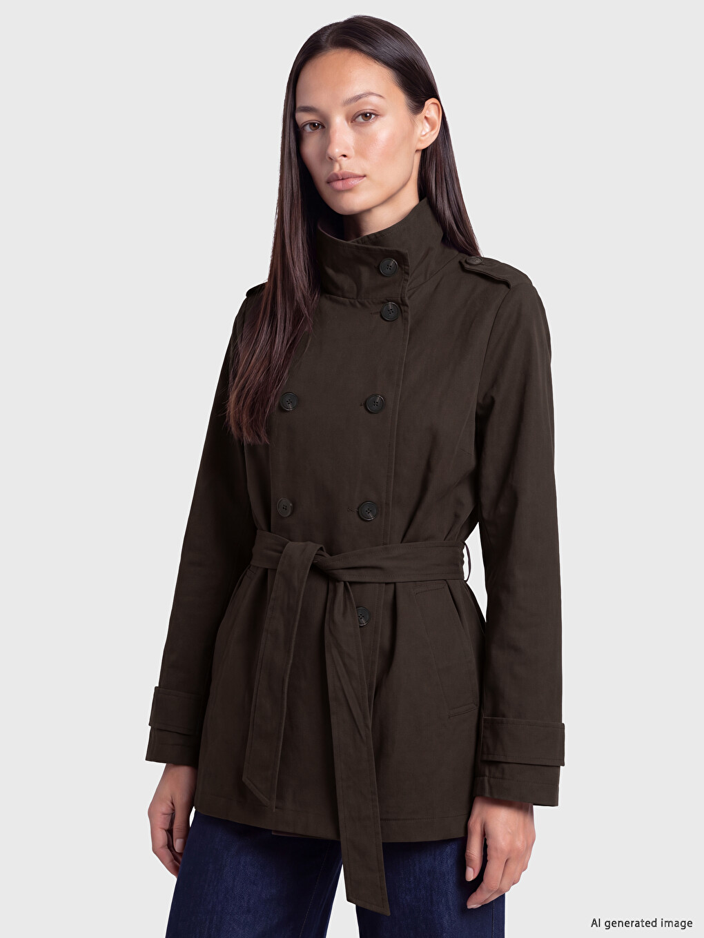 Kahverengi Dik Yaka Kuşaklı Kadın Trençkot