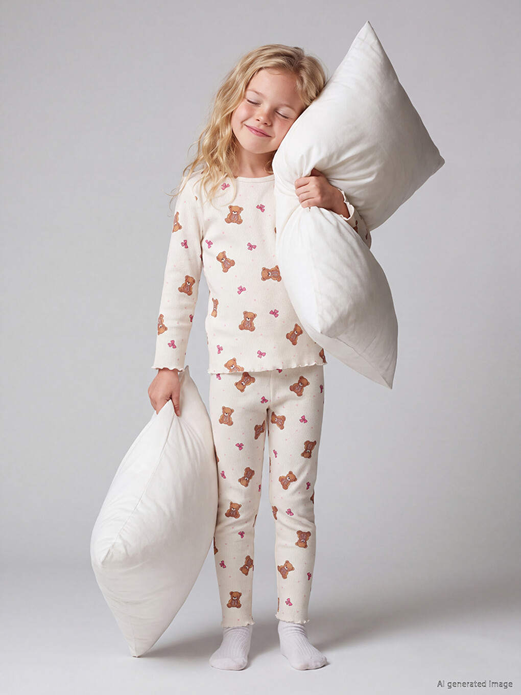 Ekru Bisiklet Yaka Kız Çocuk Pijama Takım-1