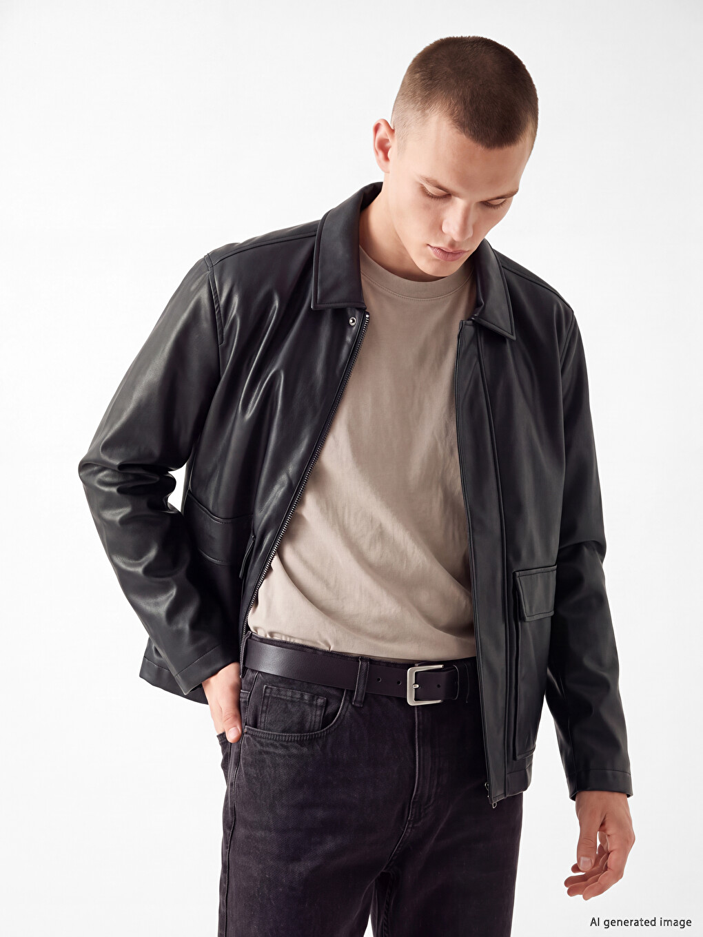Regular Fit Shirt Collar Men's Leather Look Coat