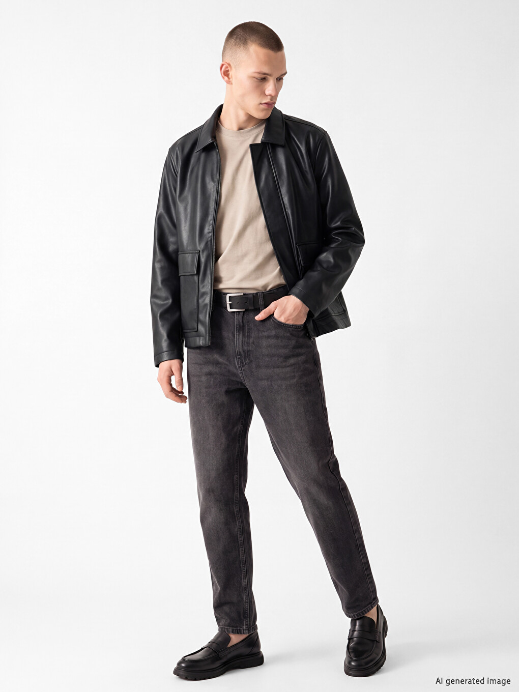 Regular Fit Shirt Collar Men's Leather Look Coat-1