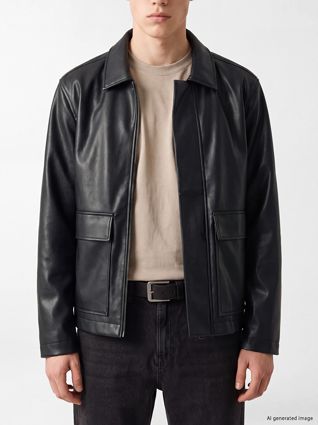 Regular Fit Shirt Collar Men's Leather Look Coat-2
