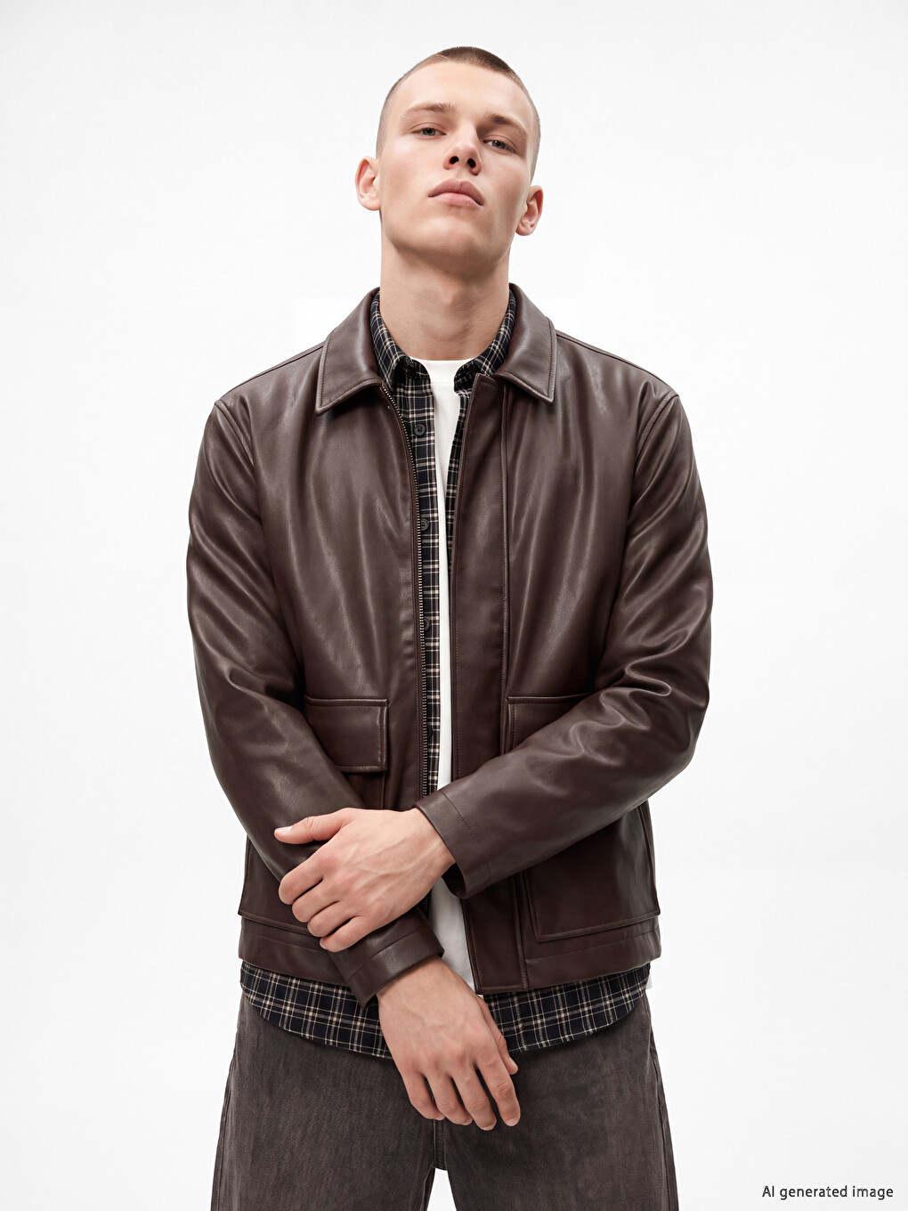 Regular Fit Shirt Collar Men's Leather Look Coat