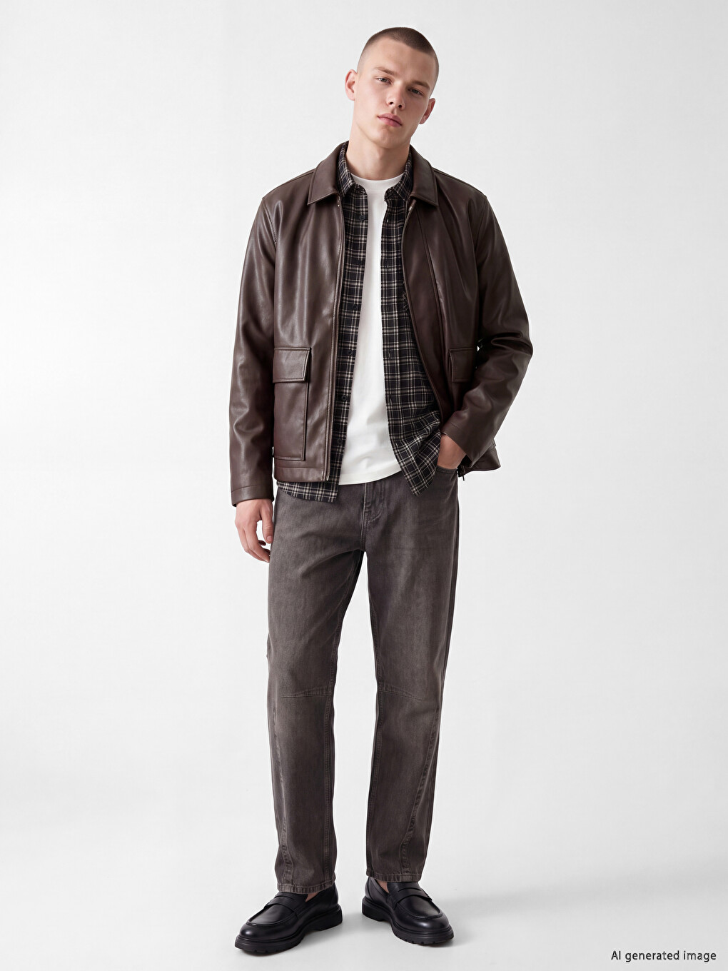 Regular Fit Shirt Collar Men's Leather Look Coat-1