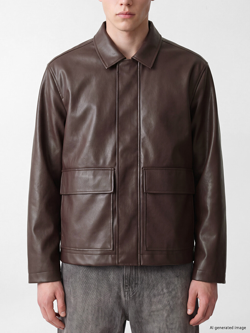 Regular Fit Shirt Collar Men's Leather Look Coat-2