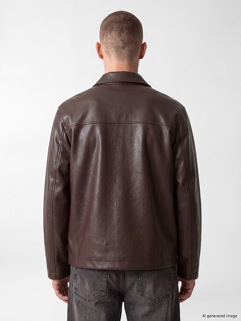 Regular Fit Shirt Collar Men's Leather Look Coat-4