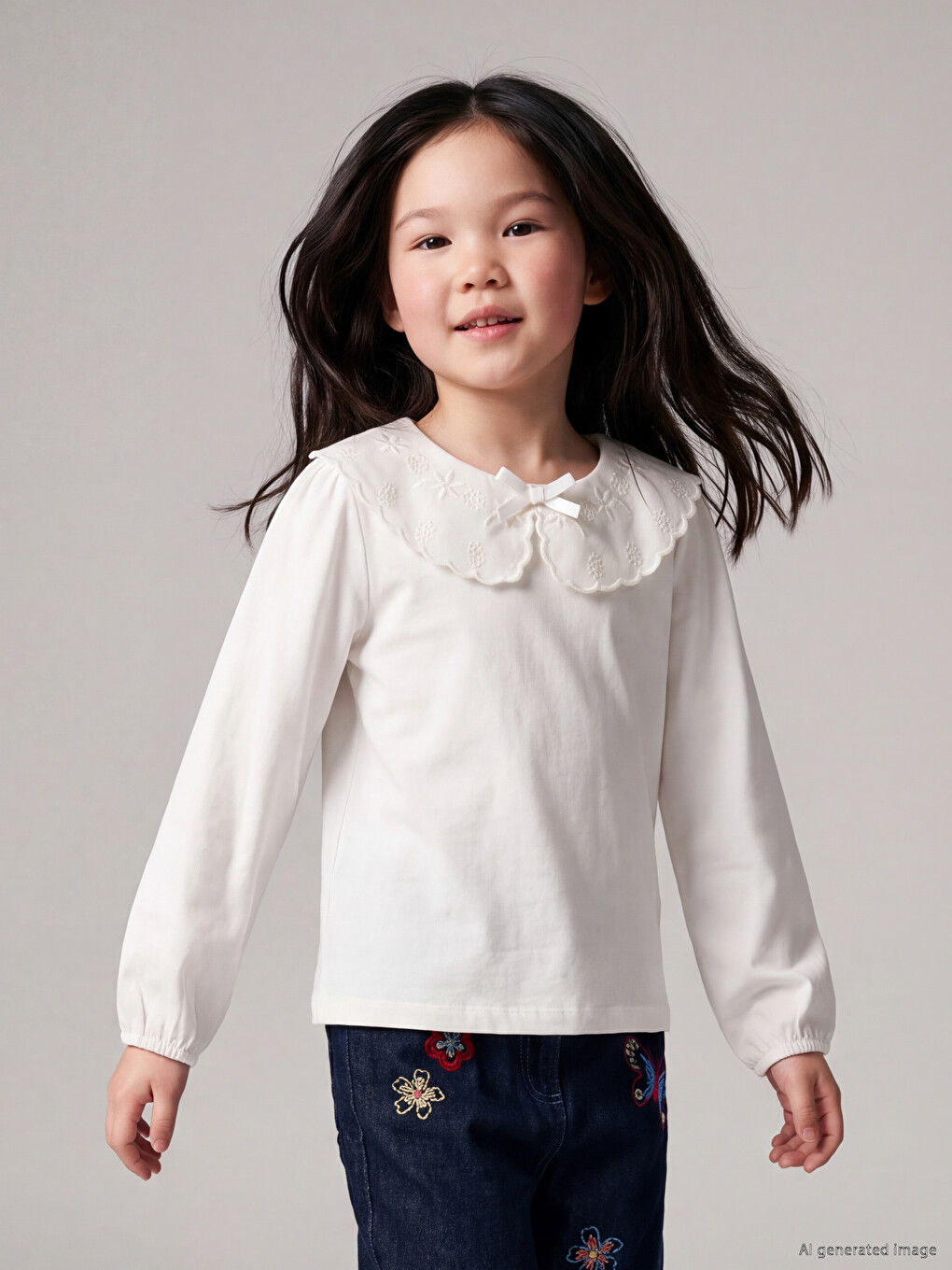  Peter Pan Collar Embroidered Girls' T-Shirt