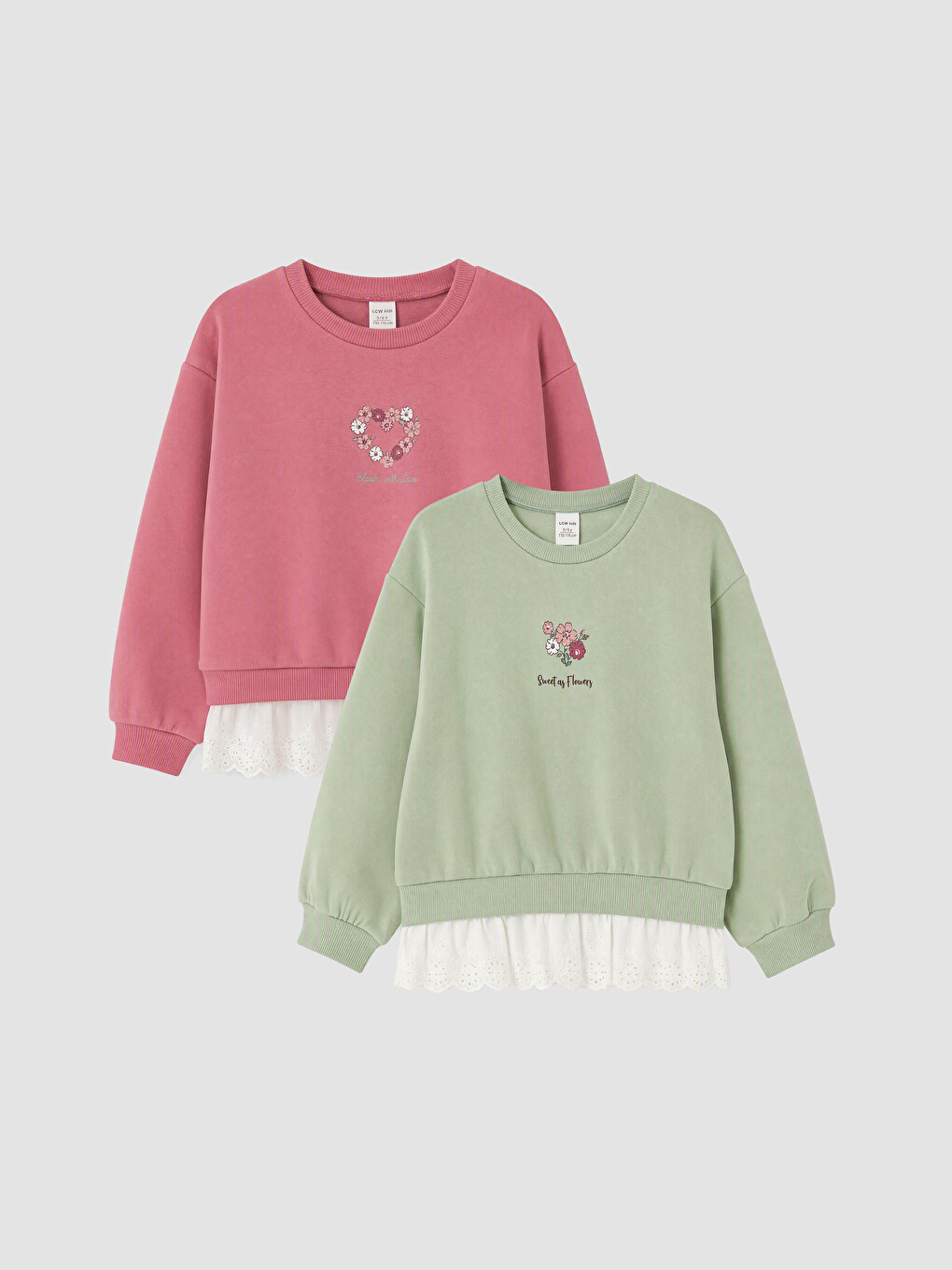 Yeşil Baskılı Fırfırlı Kız Çocuk Sweatshirt 2'li