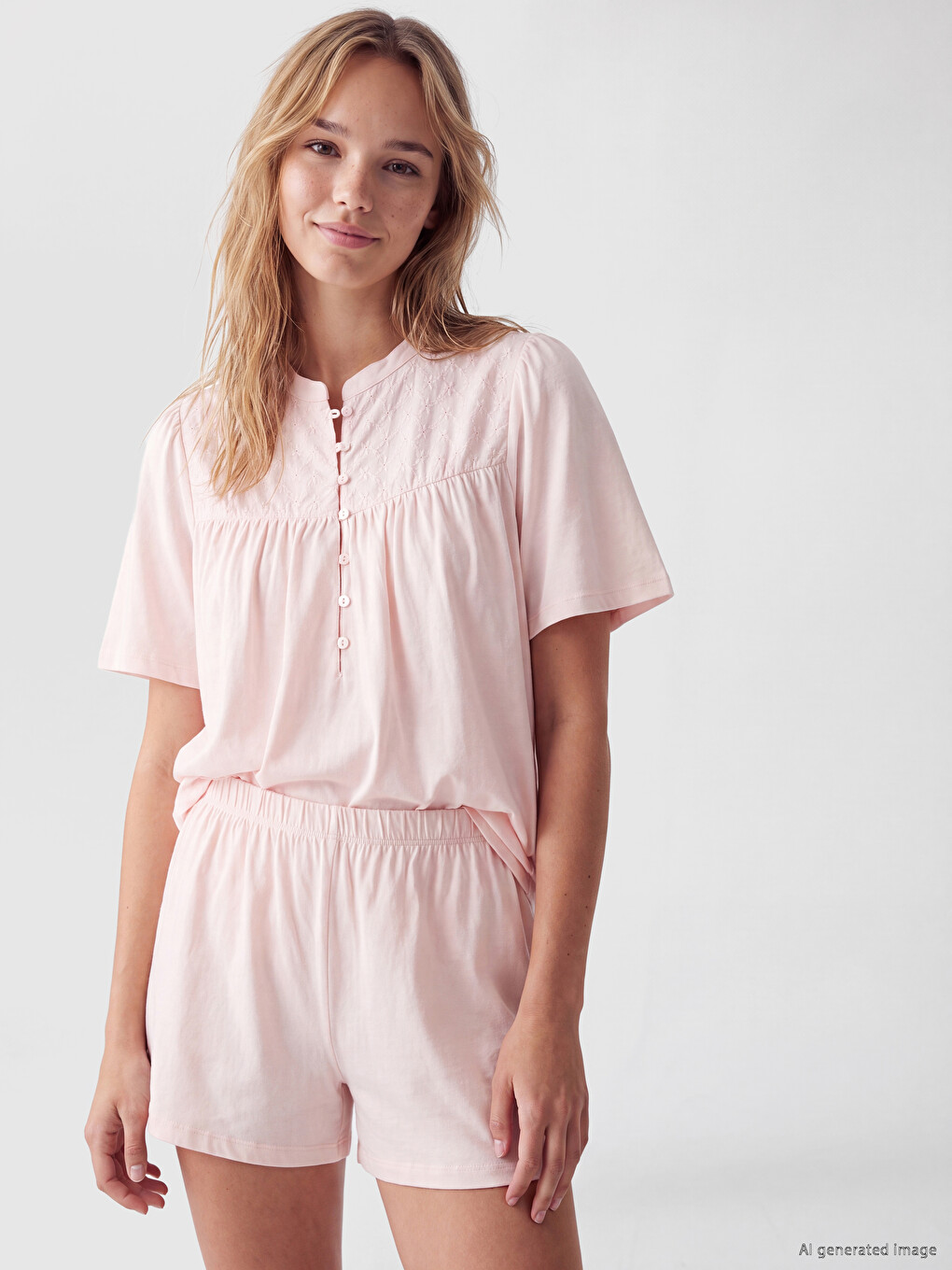 Pembe Hakim Yaka Nakışlı Hamile Şortlu Pijama Takımı-1