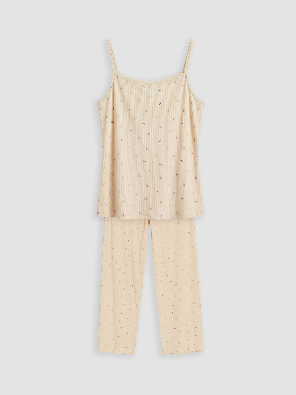 Bej U Yaka Çiçekli Kadın Pijama Takım