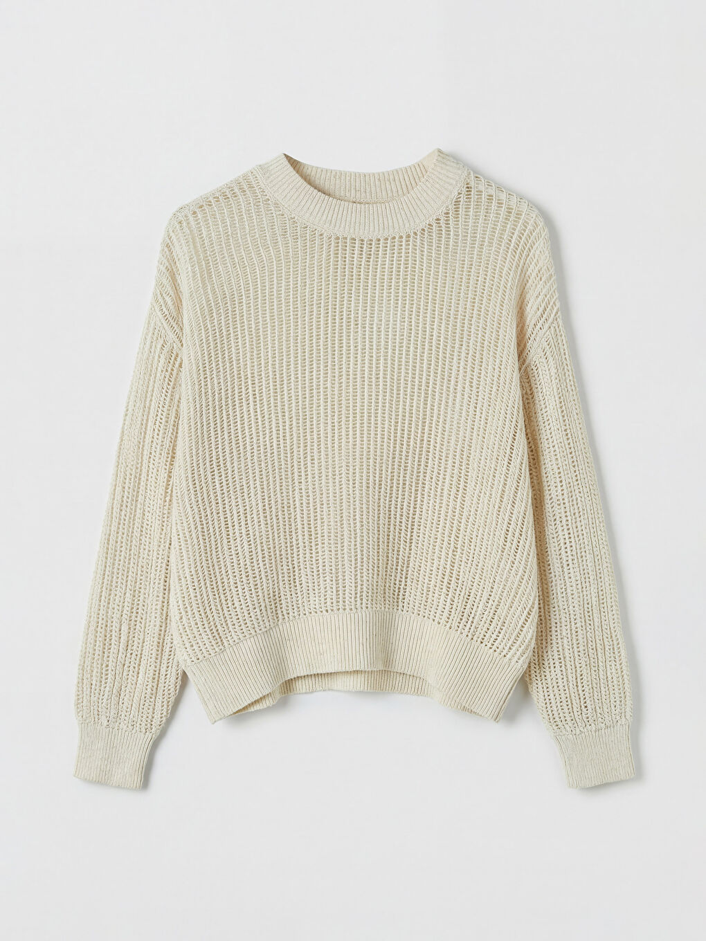 Ekru Bisiklet Yaka Ajurlu Kadın Triko Kazak