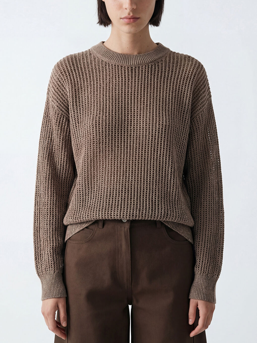 Bej Bisiklet Yaka Ajurlu Kadın Triko Kazak-2