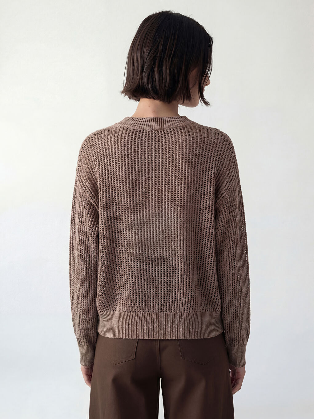 Bej Bisiklet Yaka Ajurlu Kadın Triko Kazak-3