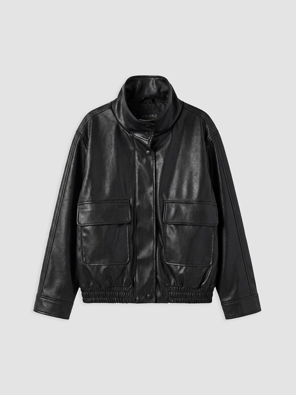 Mock Neck Girls' Faux Leather Coat