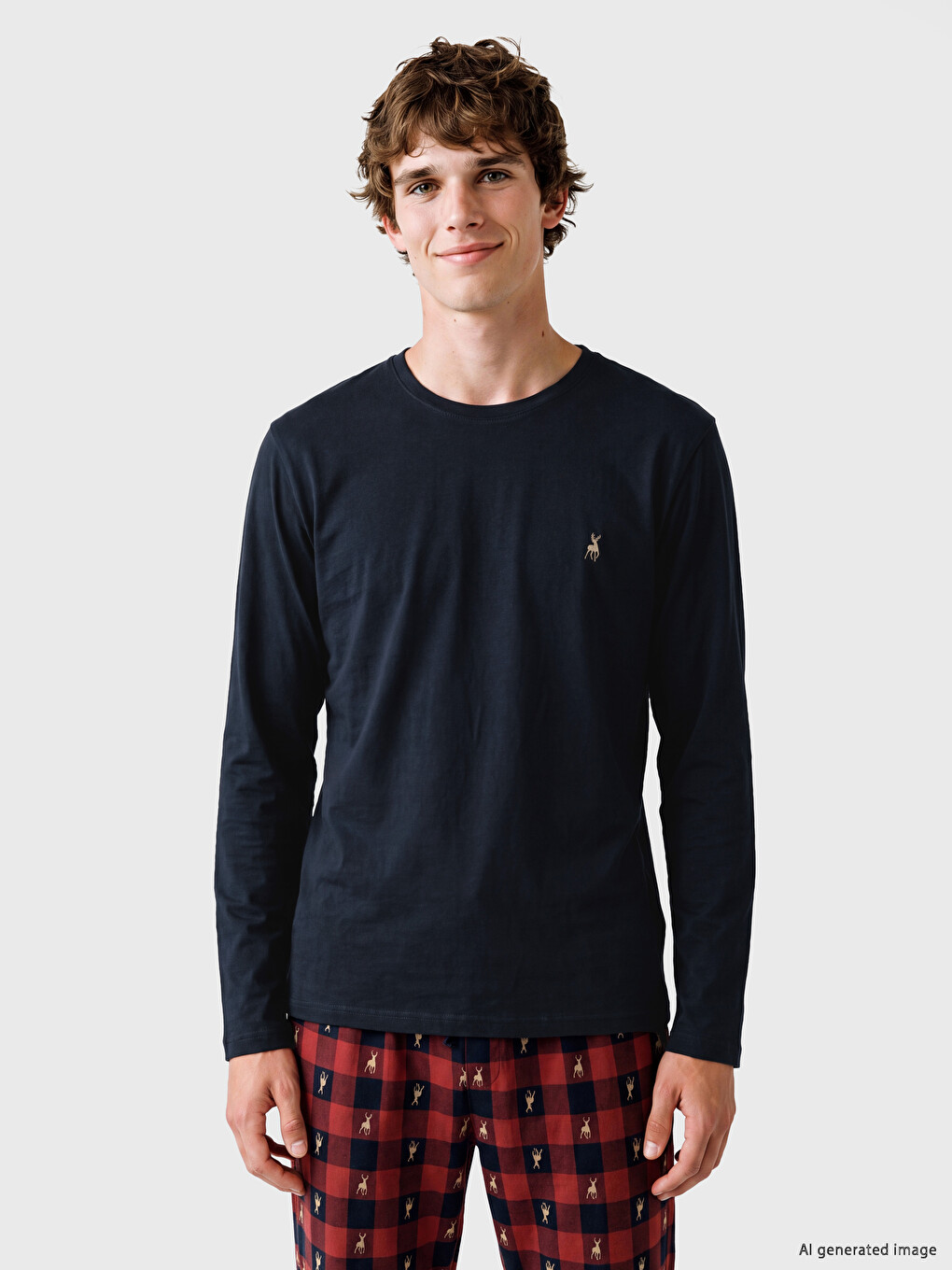 Lacivert Regular Fit Yılbaşı Temalı Erkek Pijama Takımı-1