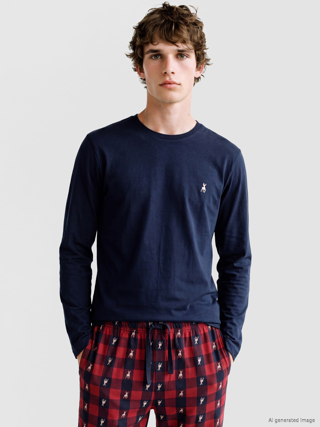 Lacivert Regular Fit Yılbaşı Temalı Erkek Pijama Takımı-1