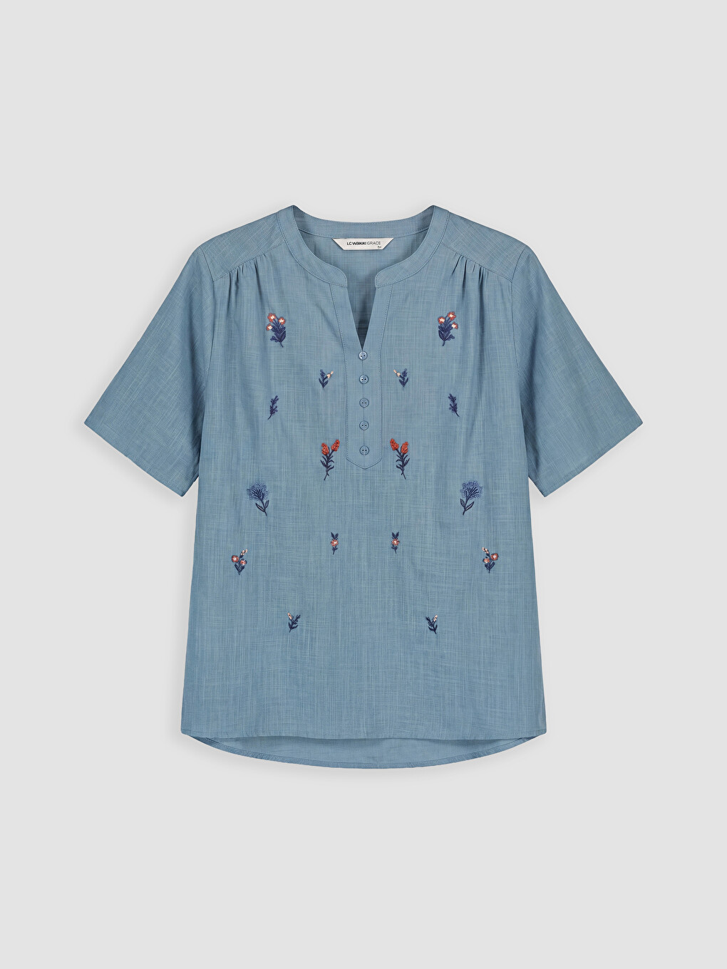 Notch Neck Embroidered 100% Cotton Blouse-4