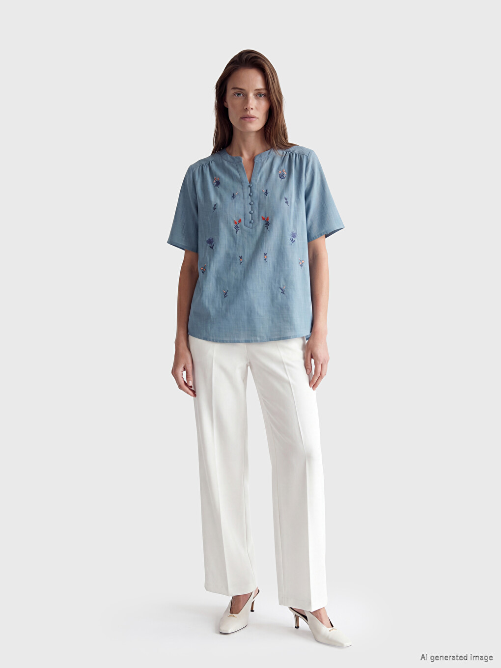 Notch Neck Embroidered 100% Cotton Blouse-1