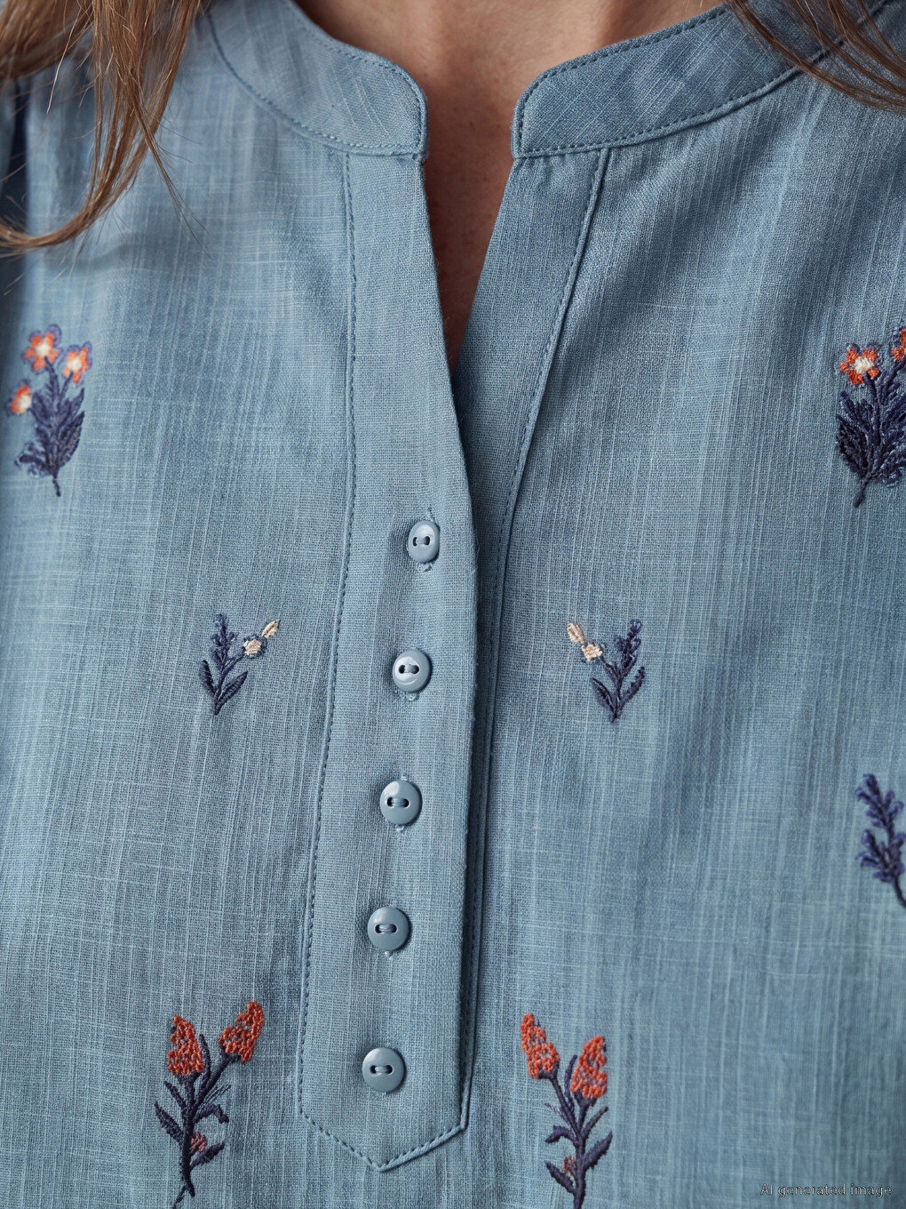 Notch Neck Embroidered 100% Cotton Blouse-2