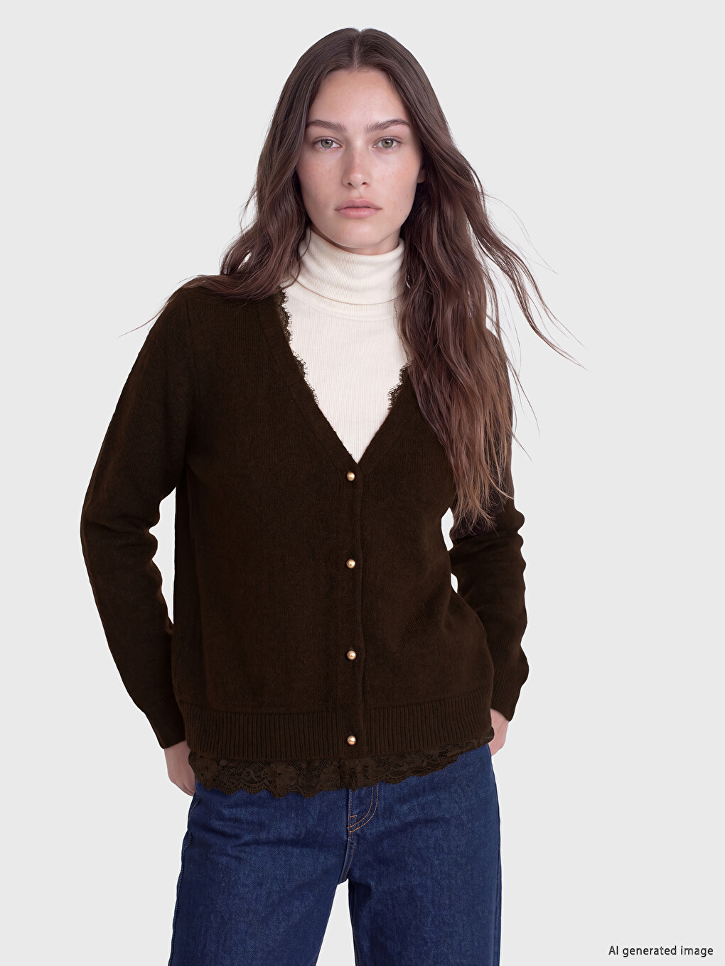 V Neck Lace Detailed Women's Knitwear Cardigan