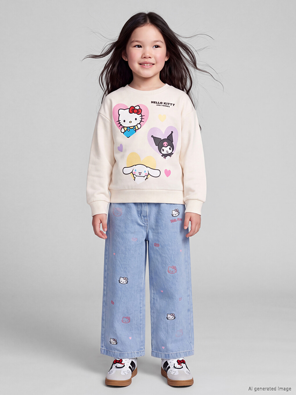 İndigo Wideleg Hello Kitty Nakışlı Kız Çocuk Jean Pantolon