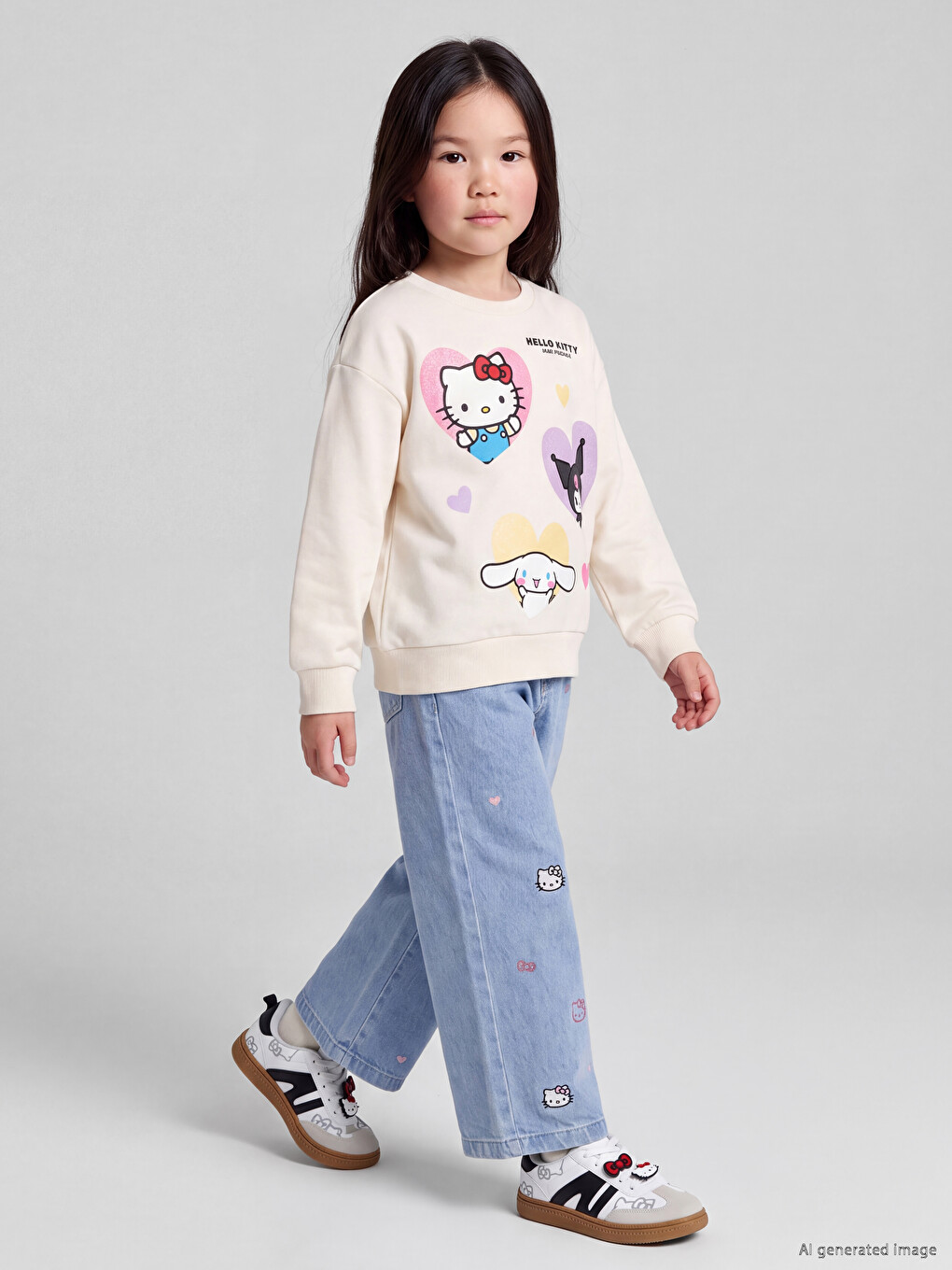 İndigo Wideleg Hello Kitty Nakışlı Kız Çocuk Jean Pantolon-1
