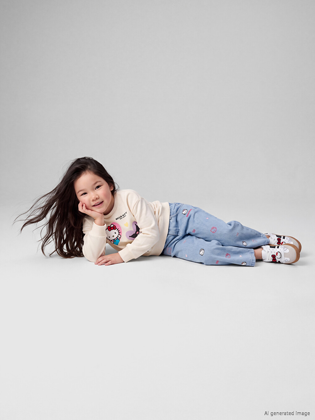 İndigo Wideleg Hello Kitty Nakışlı Kız Çocuk Jean Pantolon-2