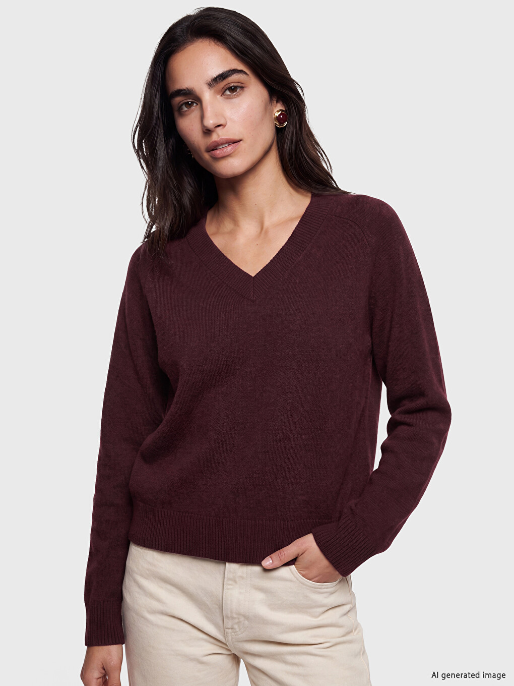 V Neck Wool Blended Women's Knitwear Sweater