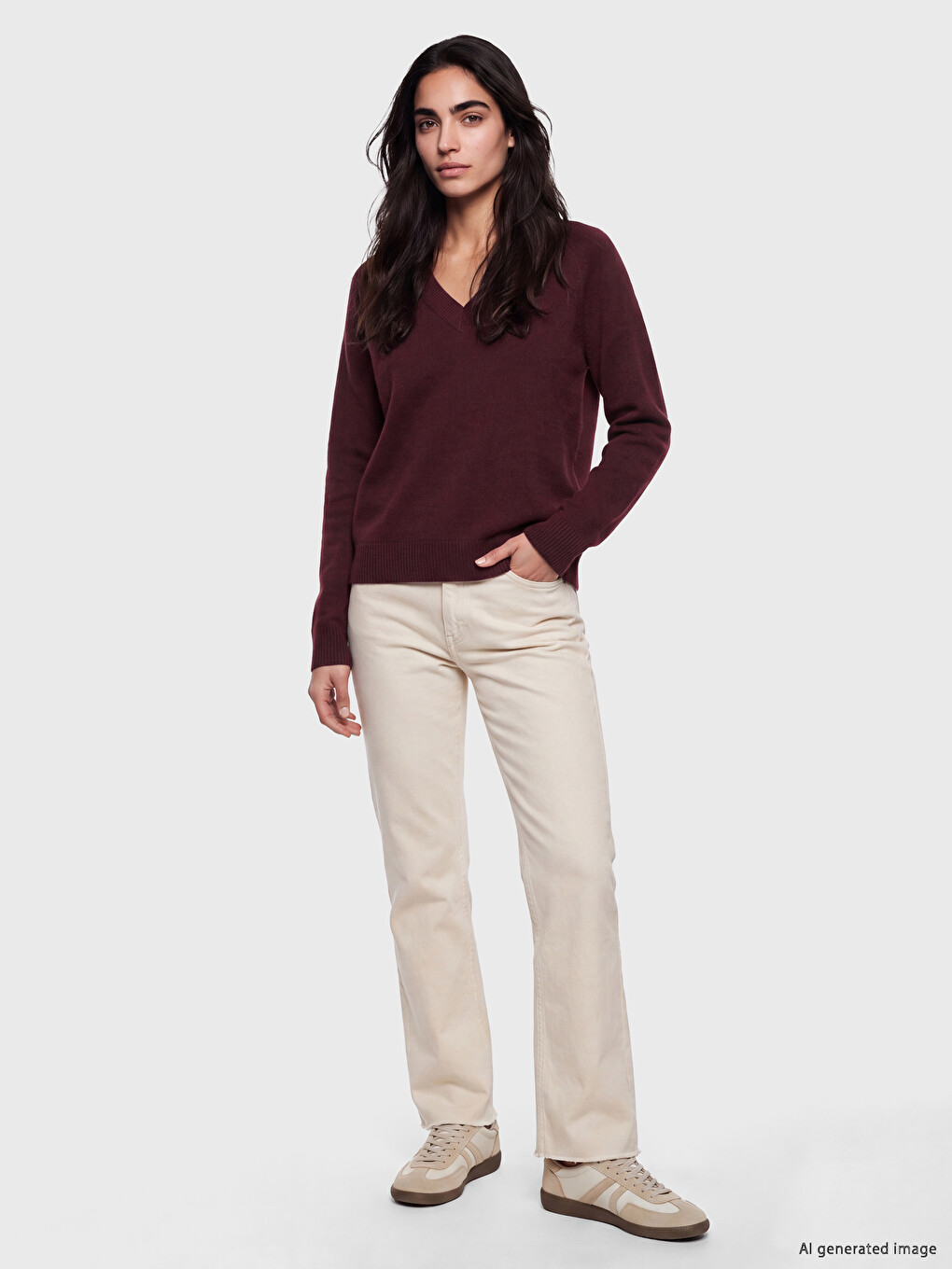 V Neck Wool Blended Women's Knitwear Sweater-1