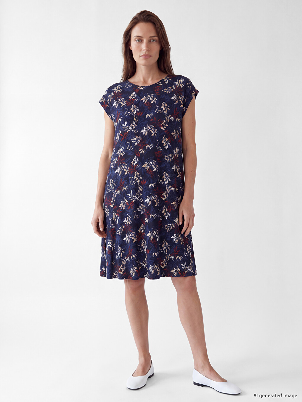 Crew Neck Leaf Patterned Dress