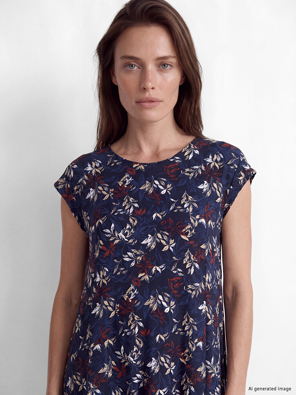 Crew Neck Leaf Patterned Dress-1