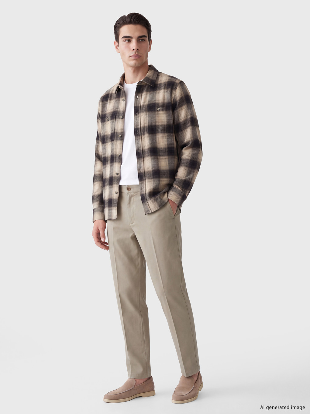 Bej Relax Fit Ekose Gabardin Erkek Gömlek-1