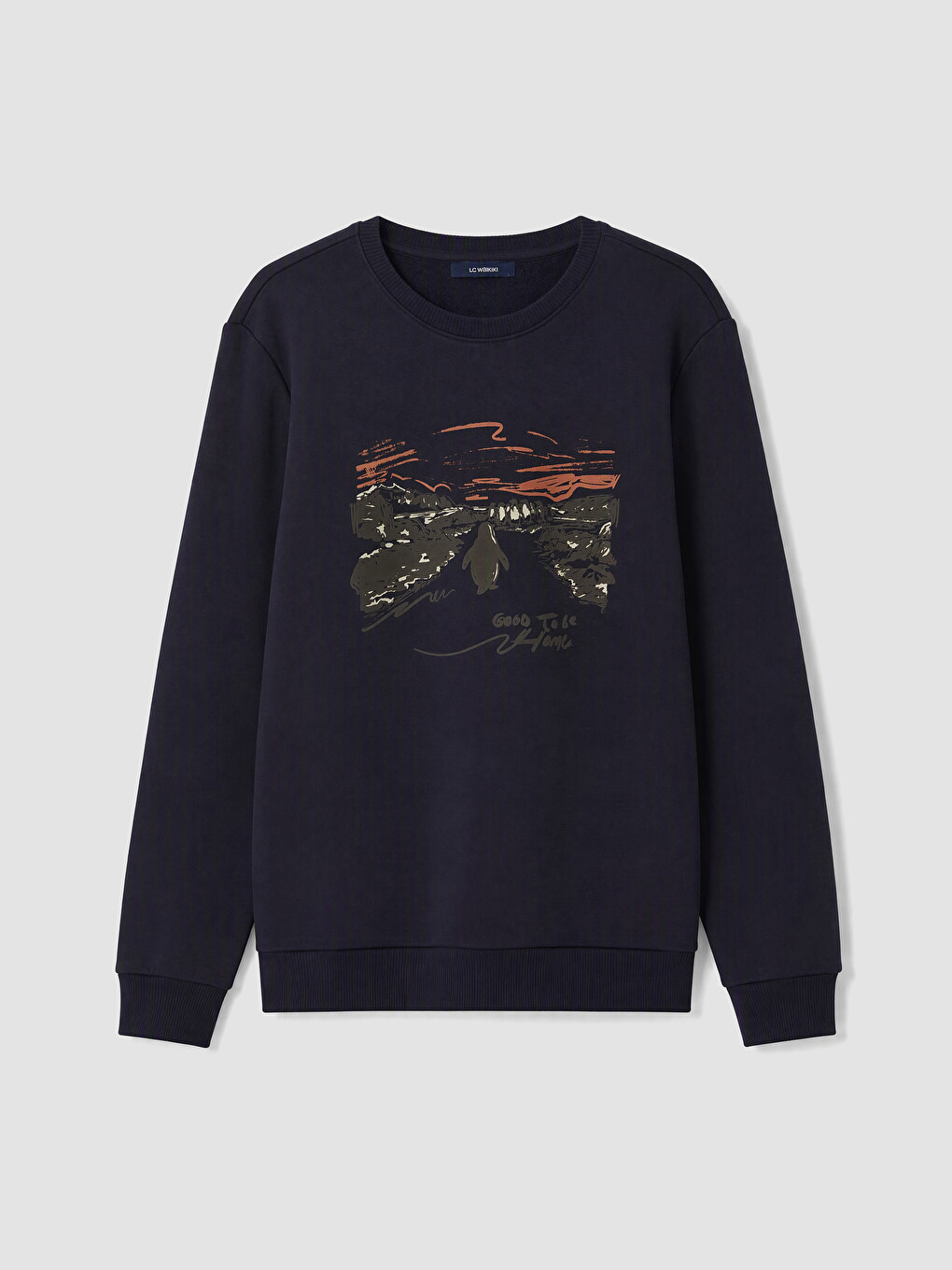 Lacivert Bisiklet Yaka Baskılı Erkek Sweatshirt-2