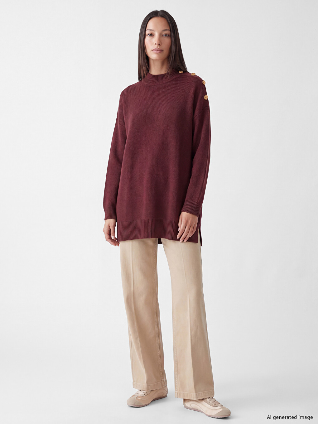 Bordo Dik Yaka Kadın Triko Tunik-1