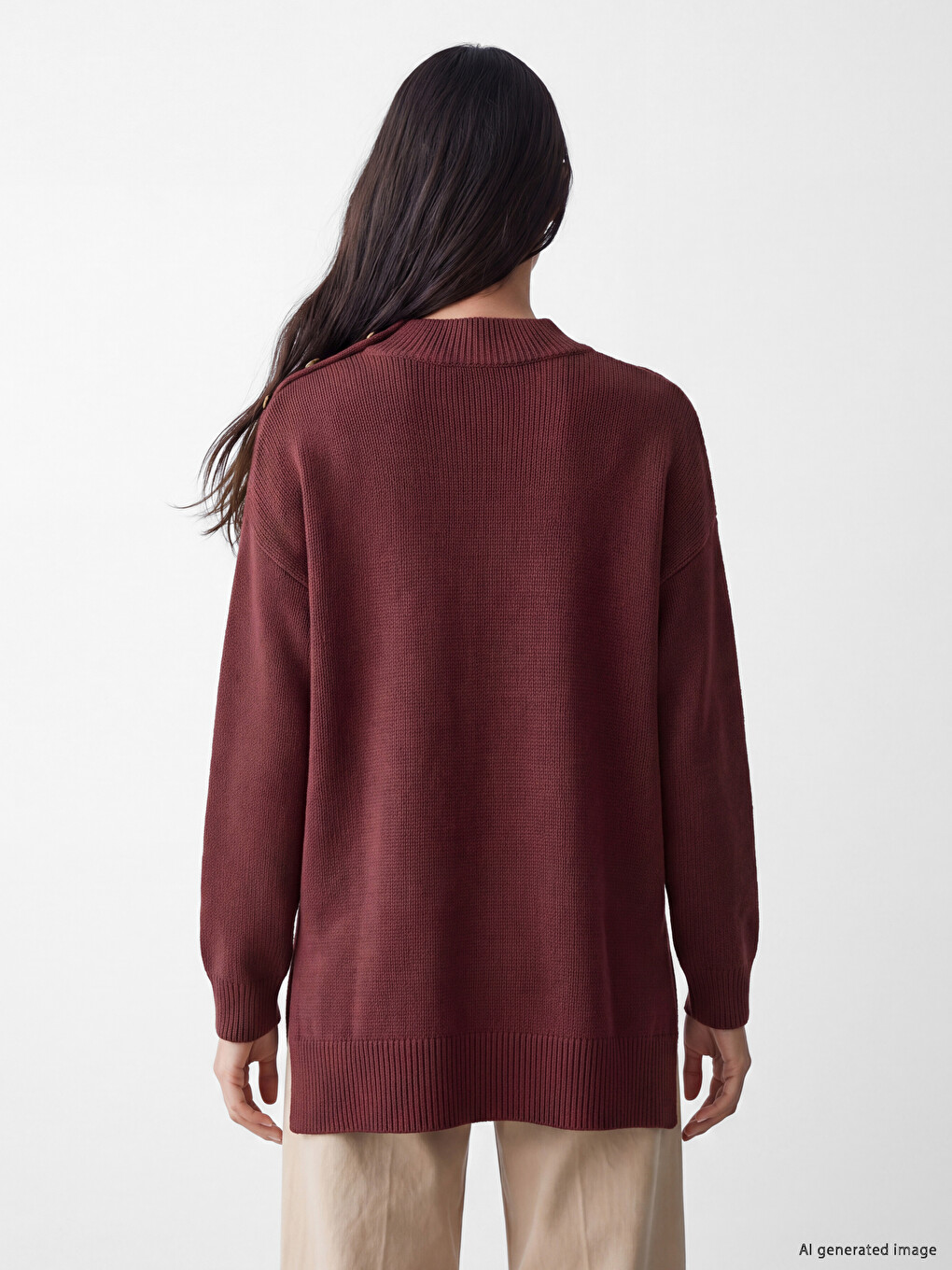 Bordo Dik Yaka Kadın Triko Tunik-3