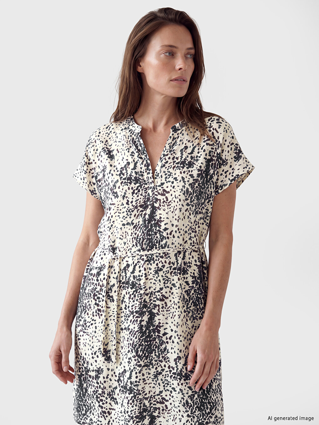 Robe À Motif Avec Ceinture À Nouer Et Encolure En V Échancré-1