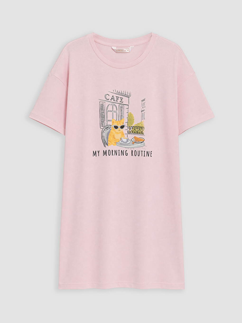 Pembe Bisiklet Yaka Kedi Baskılı Kadın Gecelik