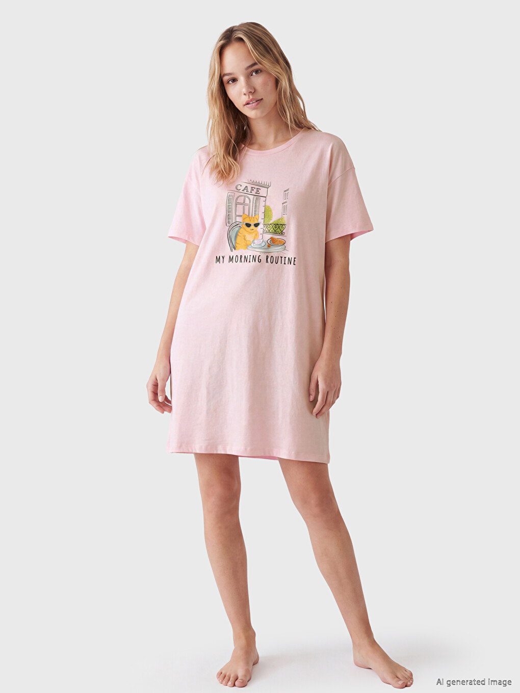Crew Neck Cat Printed Women's Nightdress