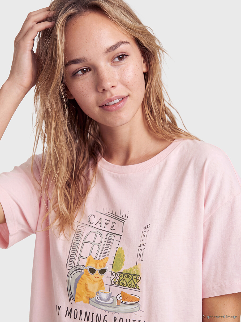 Crew Neck Cat Printed Women's Nightdress-1