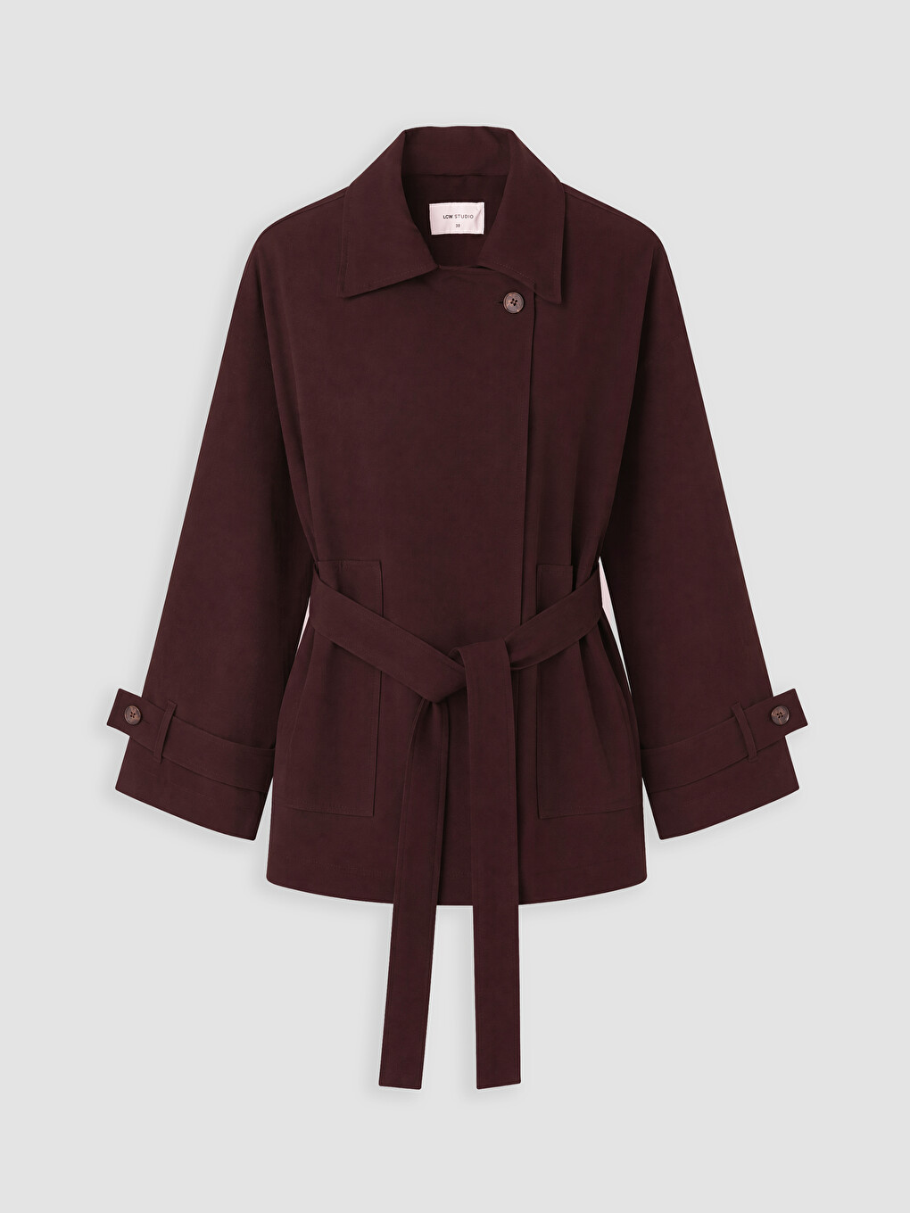 Bordo Kuşaklı Oversize Kadın Gabardin Ceket