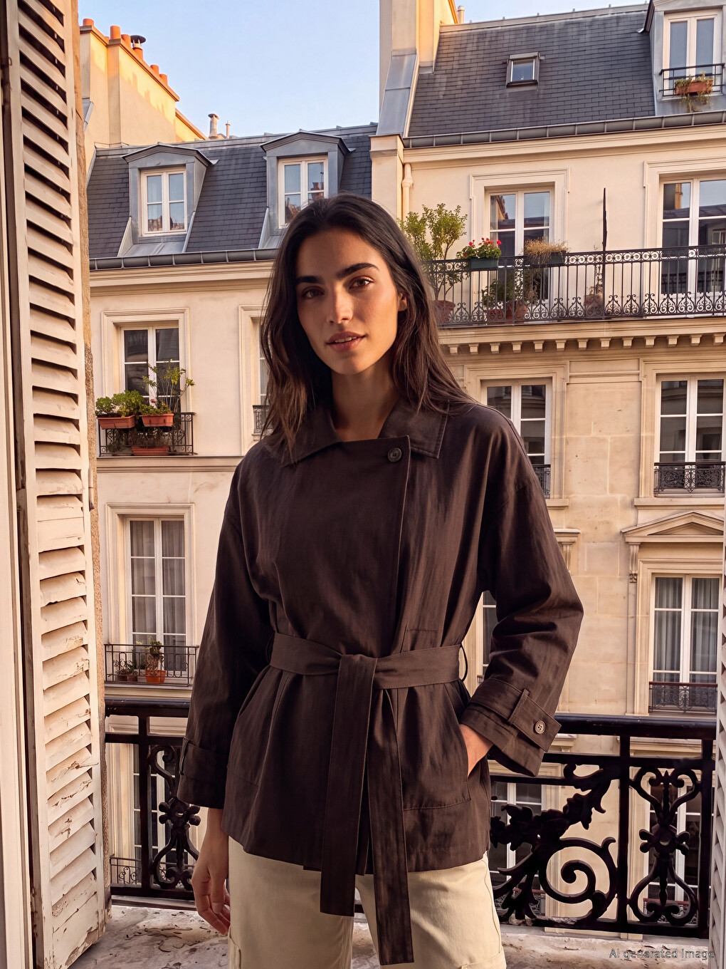 Kahverengi Kuşaklı Oversize Kadın Gabardin Ceket
