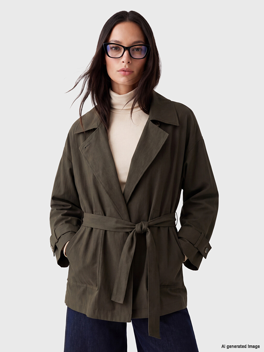 Haki Kuşaklı Oversize Kadın Gabardin Ceket