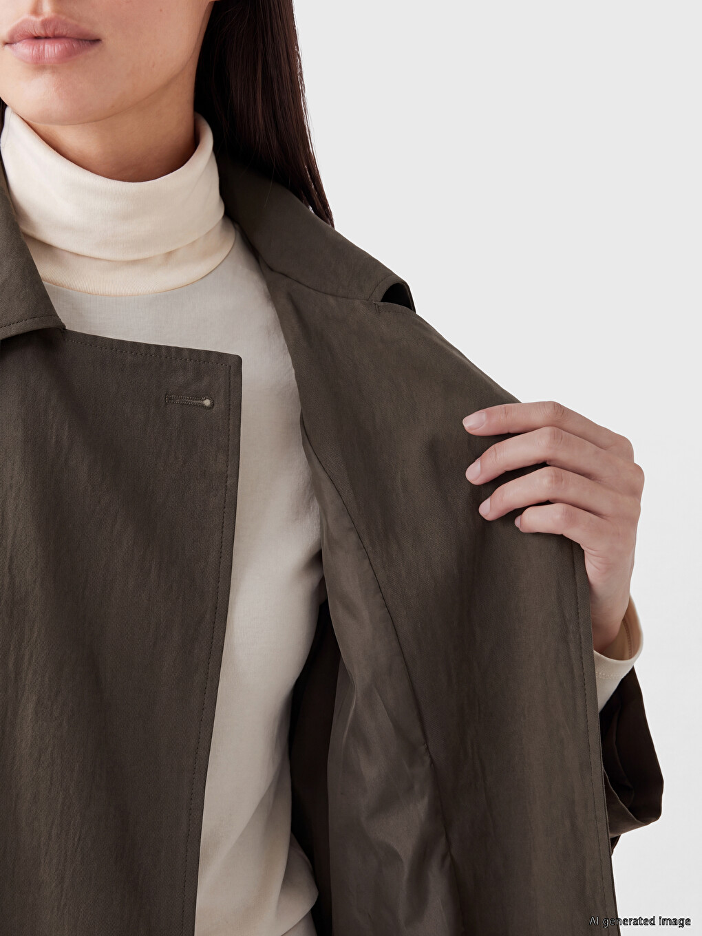 Haki Kuşaklı Oversize Kadın Gabardin Ceket-3