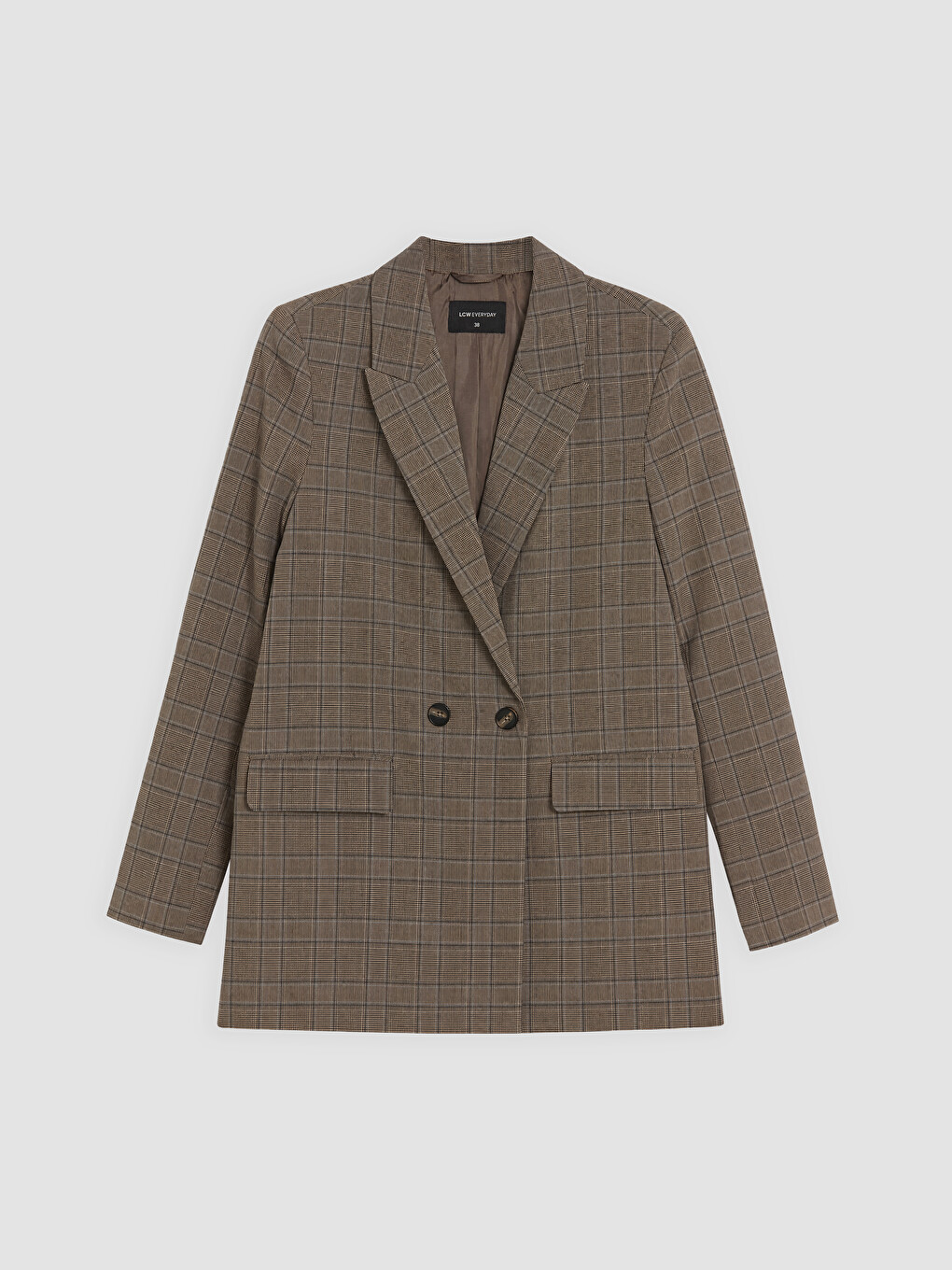 Kahverengi Kruvaze Yaka Ekose Kadın Blazer Ceket-4
