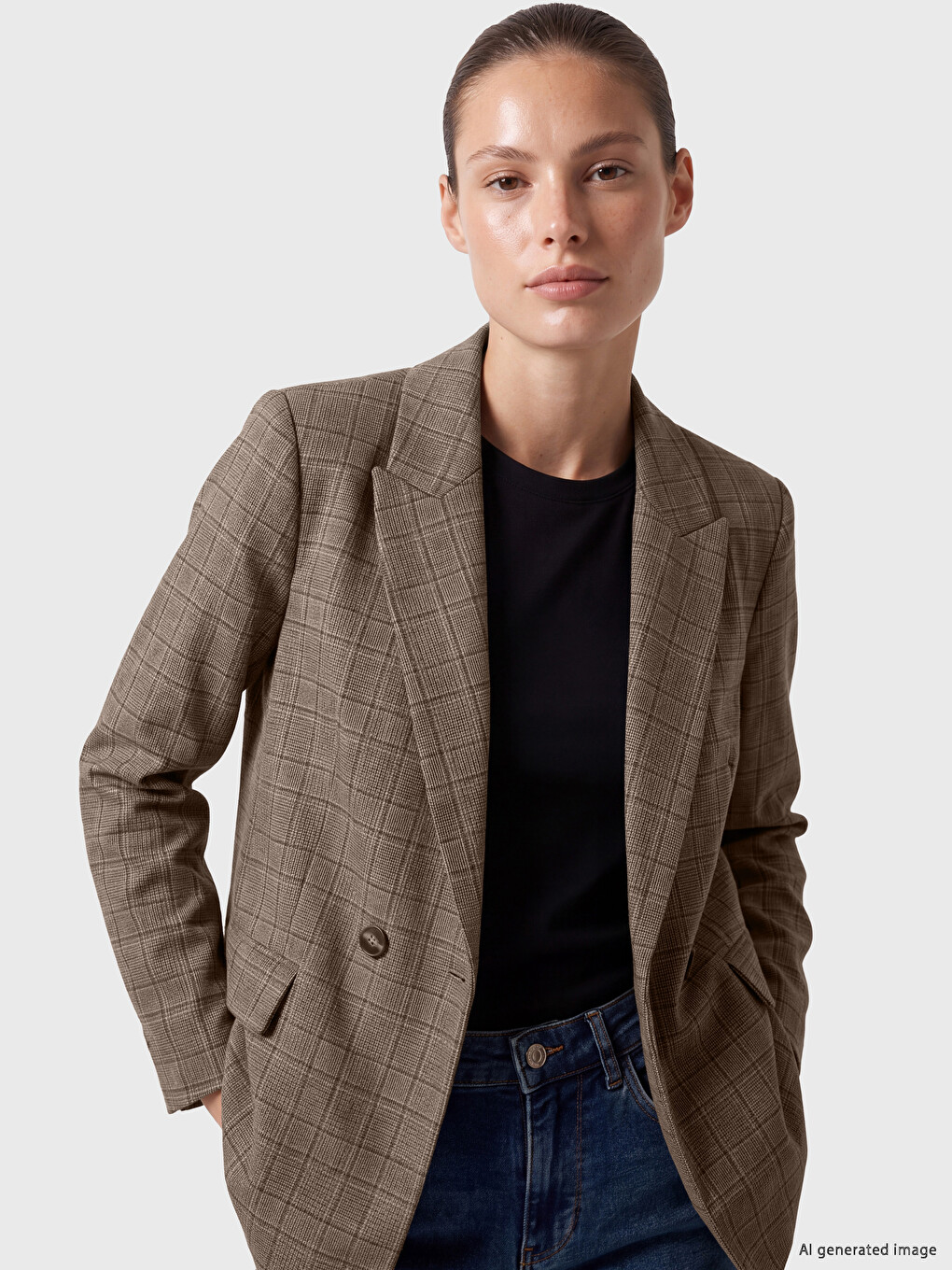Kahverengi Kruvaze Yaka Ekose Kadın Blazer Ceket