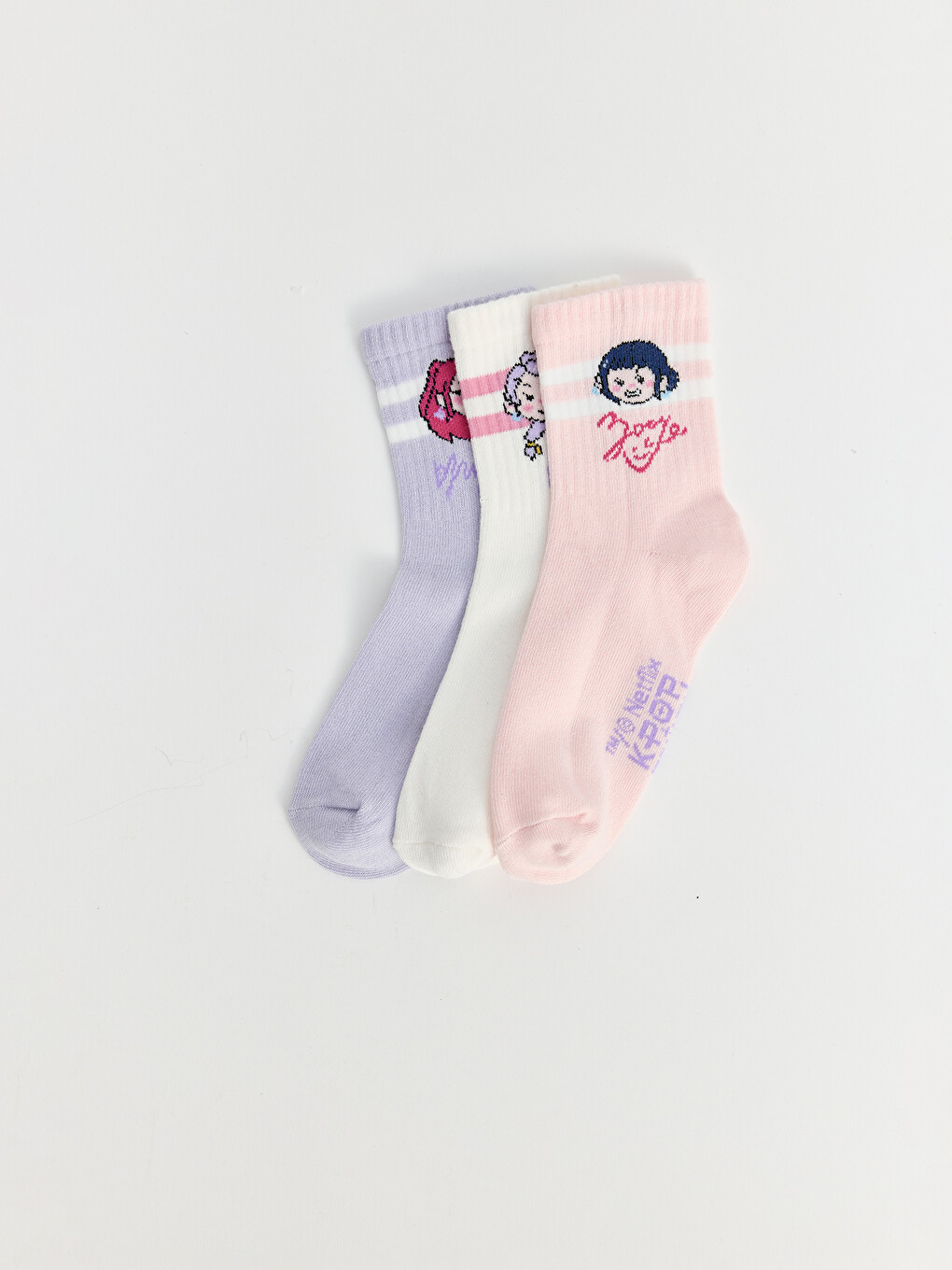 Pembe K-pop Baskılı Kız Çocuk Soket Çorap 3'lü